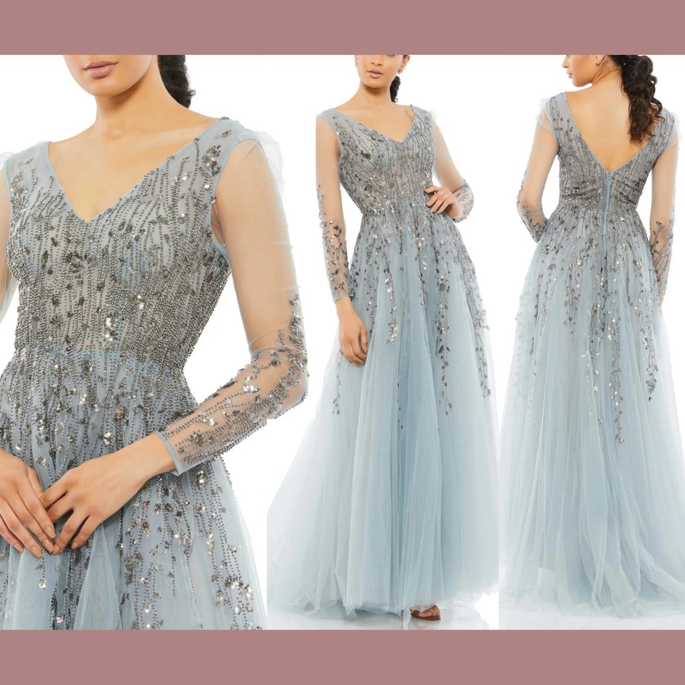 NWT MAC‎ DUGGAL [ 8 ] 20295 Embellished Long Sleeve A Line Gown Platinum